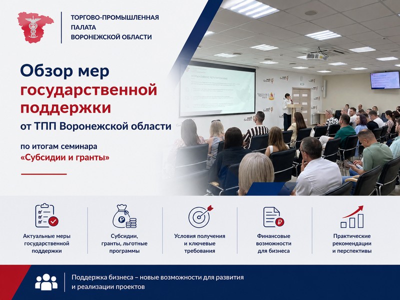 Обзор мер государственной поддержки от ТПП Воронежской области по итогам семинара «Субсидии и гранты»